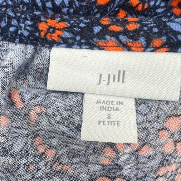 J.Jill SP Petite Boho Top Floral Split V-Neck Navy Orange - Picture 2 of 9